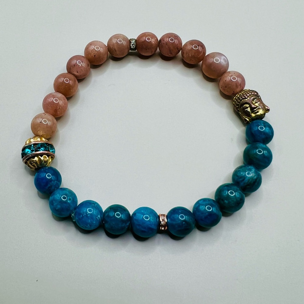Peach Moonstone and Blue Apatite Beaded Bracelet with Buddha detail